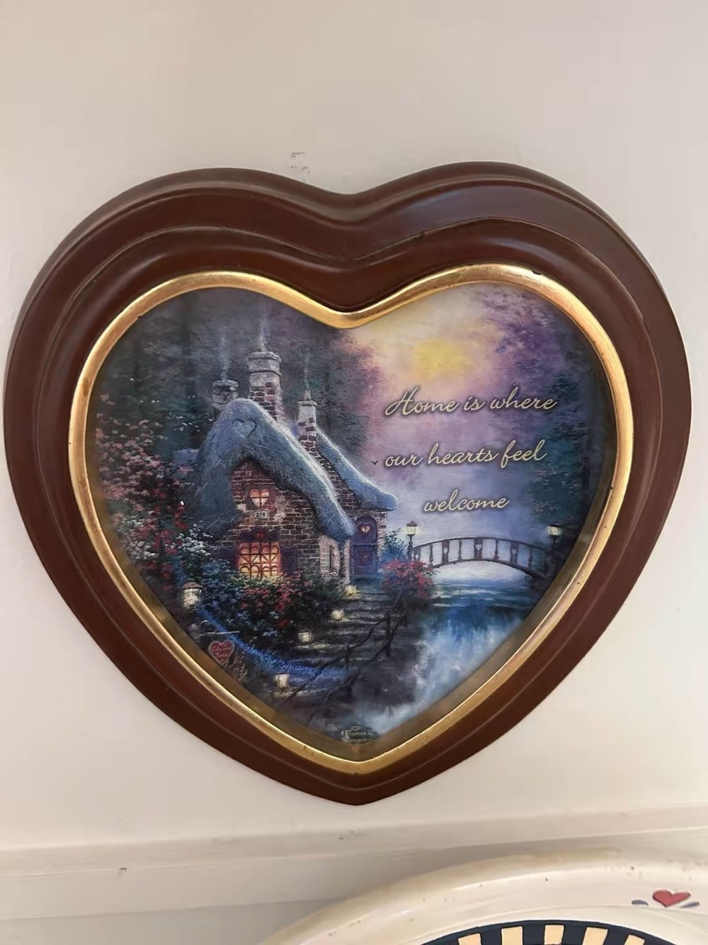 Thomas Kinkade heart shaped plate with wood frame